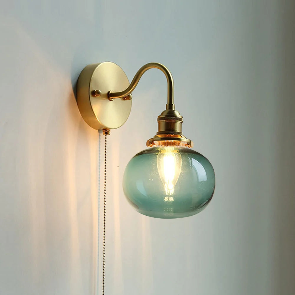 Wall Lamp | Vintage Glass Shade & Brass Finish | Pull Chain