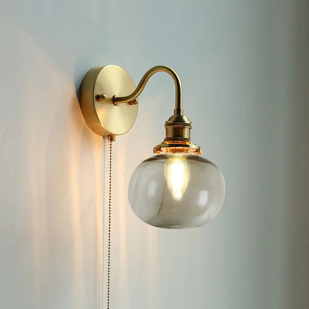 Wall Lamp | Vintage Glass Shade & Brass Finish | Pull Chain