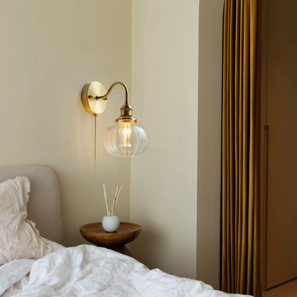 Wall Lamp | Vintage Glass Shade & Brass Finish | Pull Chain
