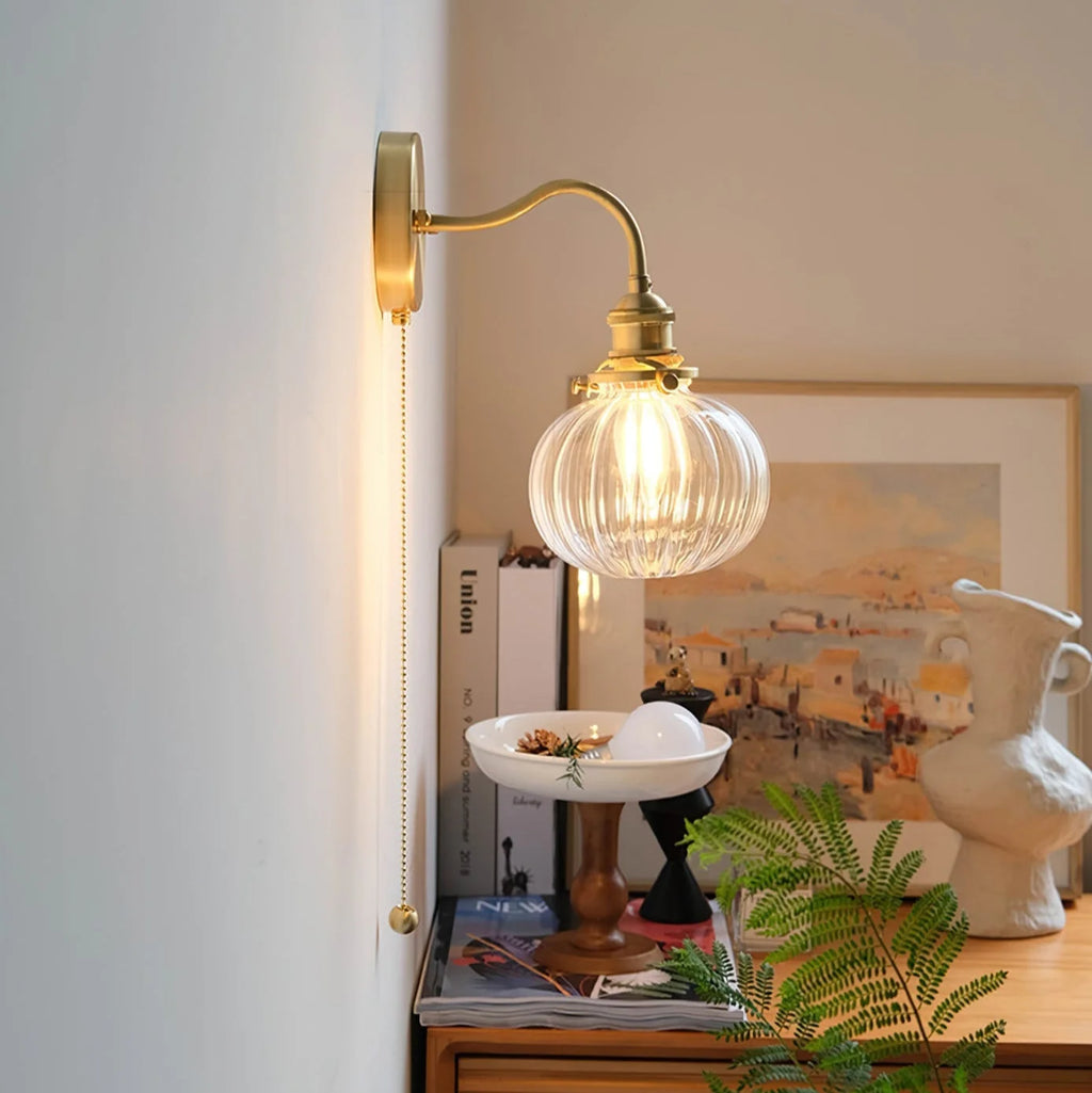Wall Lamp | Vintage Glass Shade & Brass Finish | Pull Chain