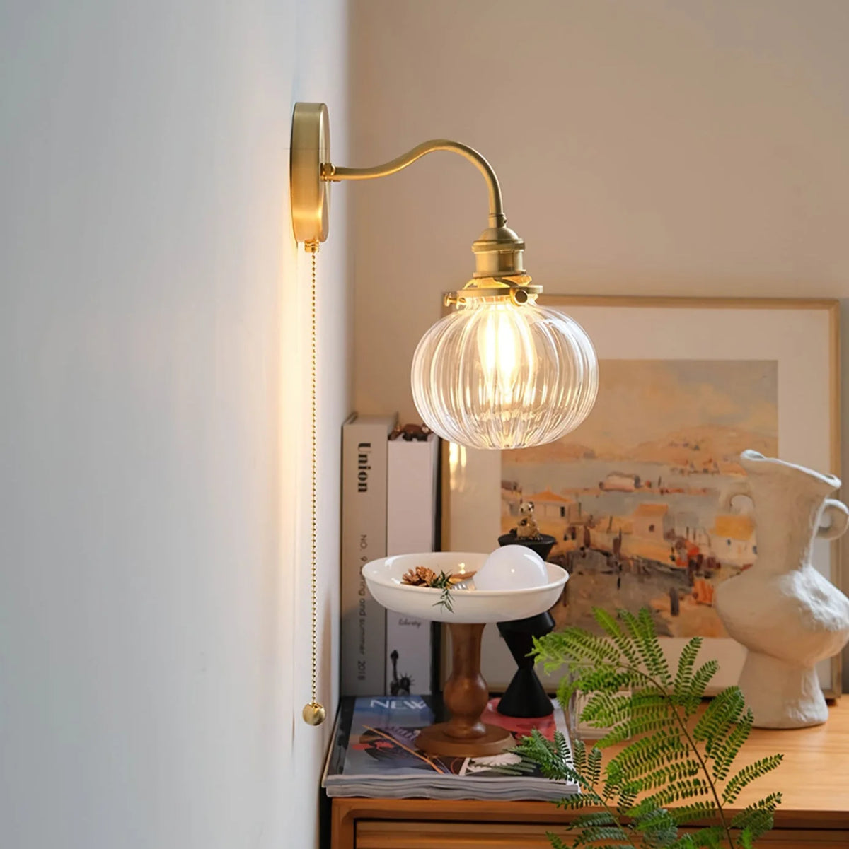 Wall Lamp | Vintage Glass Shade & Brass Finish | Pull Chain