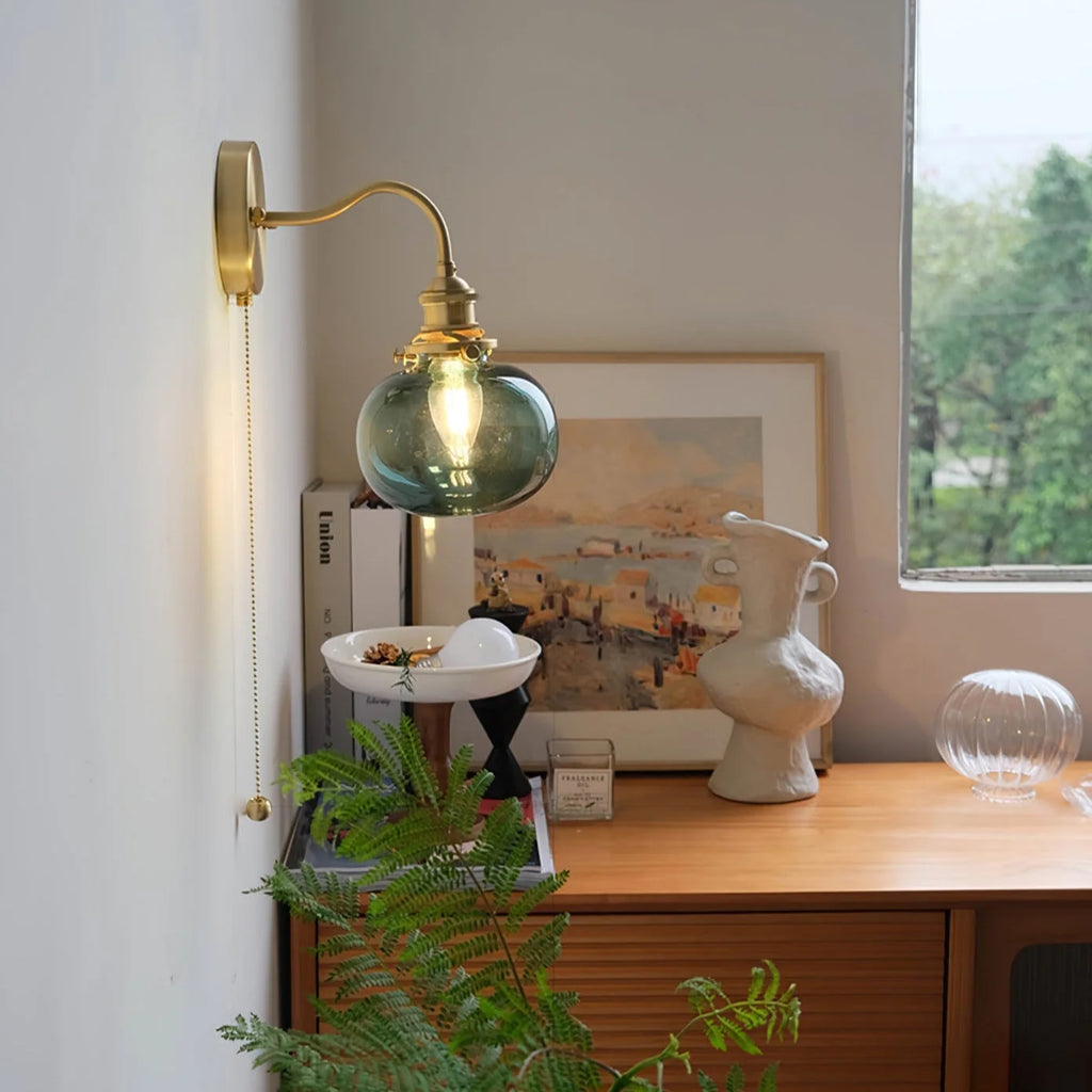 Wall Lamp | Vintage Glass Shade & Brass Finish | Pull Chain