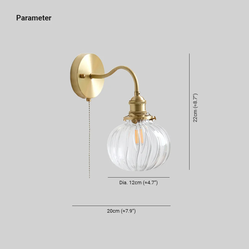 Wall Lamp | Vintage Glass Shade & Brass Finish | Pull Chain