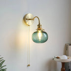 Wall Lamp | Vintage Glass Shade & Brass Finish | Pull Chain