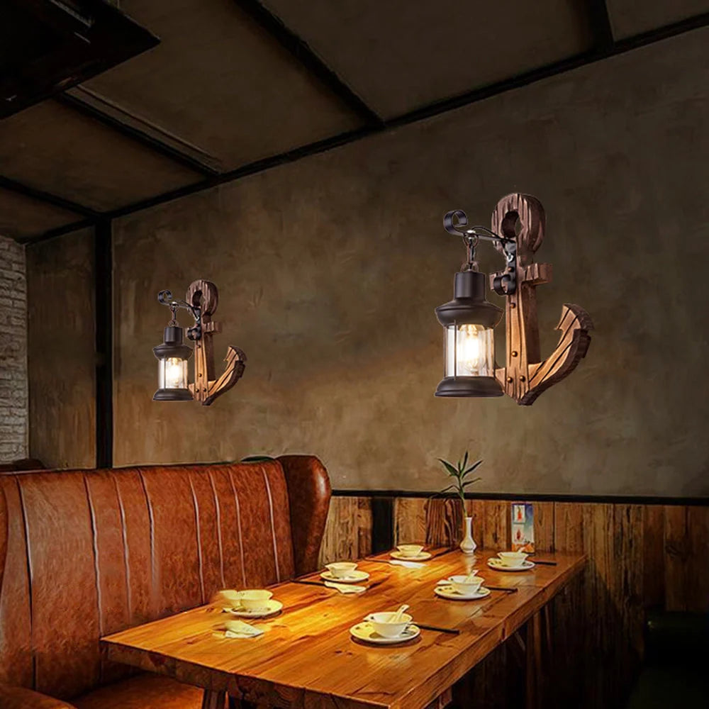 Wall Lamp | Vintage Nautical Pine Wood & Metal