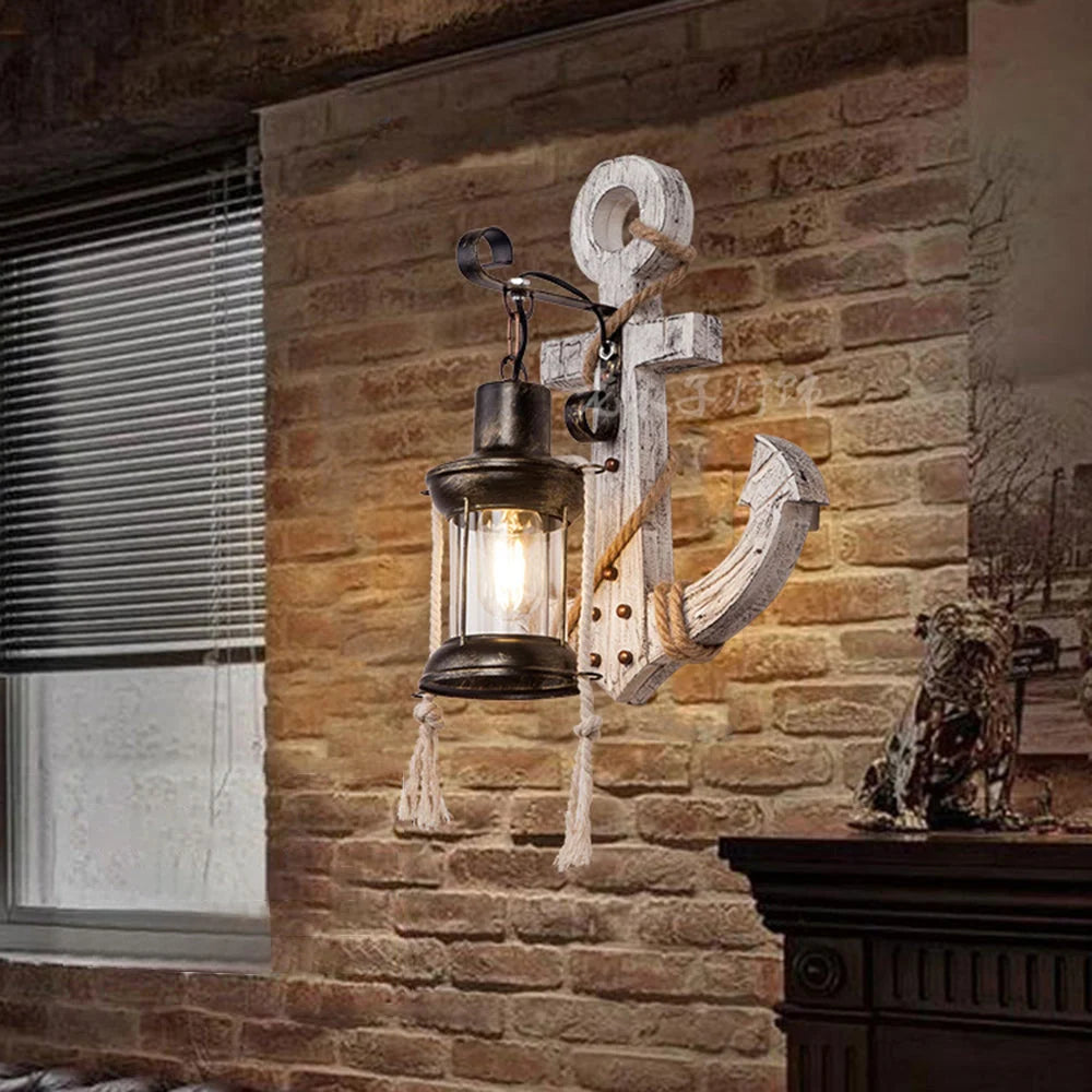 Wall Lamp | Vintage Nautical Pine Wood & Metal