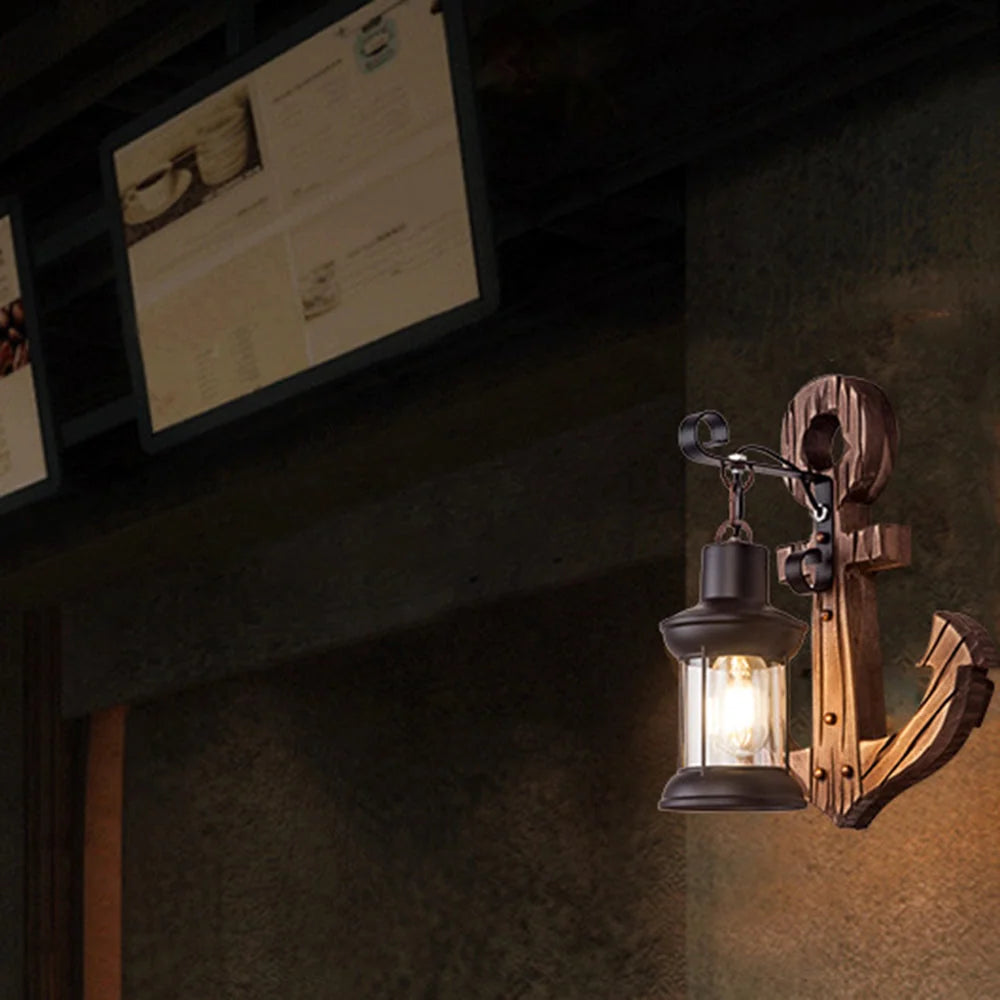 Wall Lamp | Vintage Nautical Pine Wood & Metal