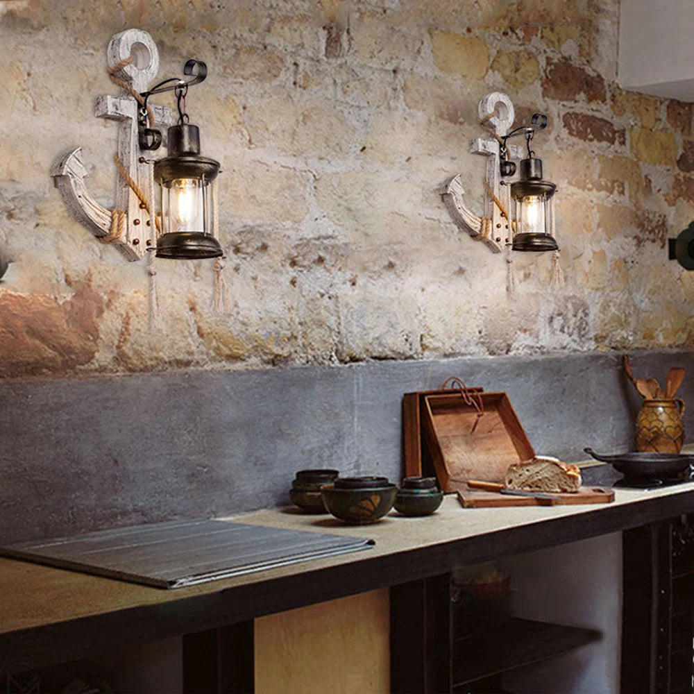Wall Lamp | Vintage Nautical Pine Wood & Metal