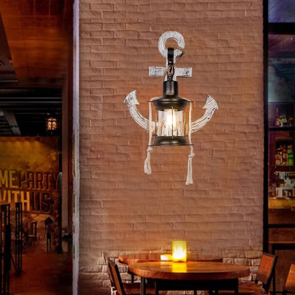 Wall Lamp | Vintage Nautical Pine Wood & Metal