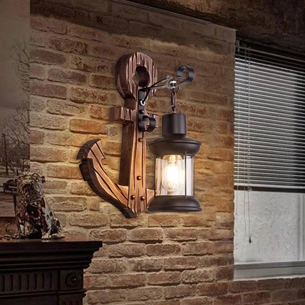 Wall Lamp | Vintage Nautical Pine Wood & Metal