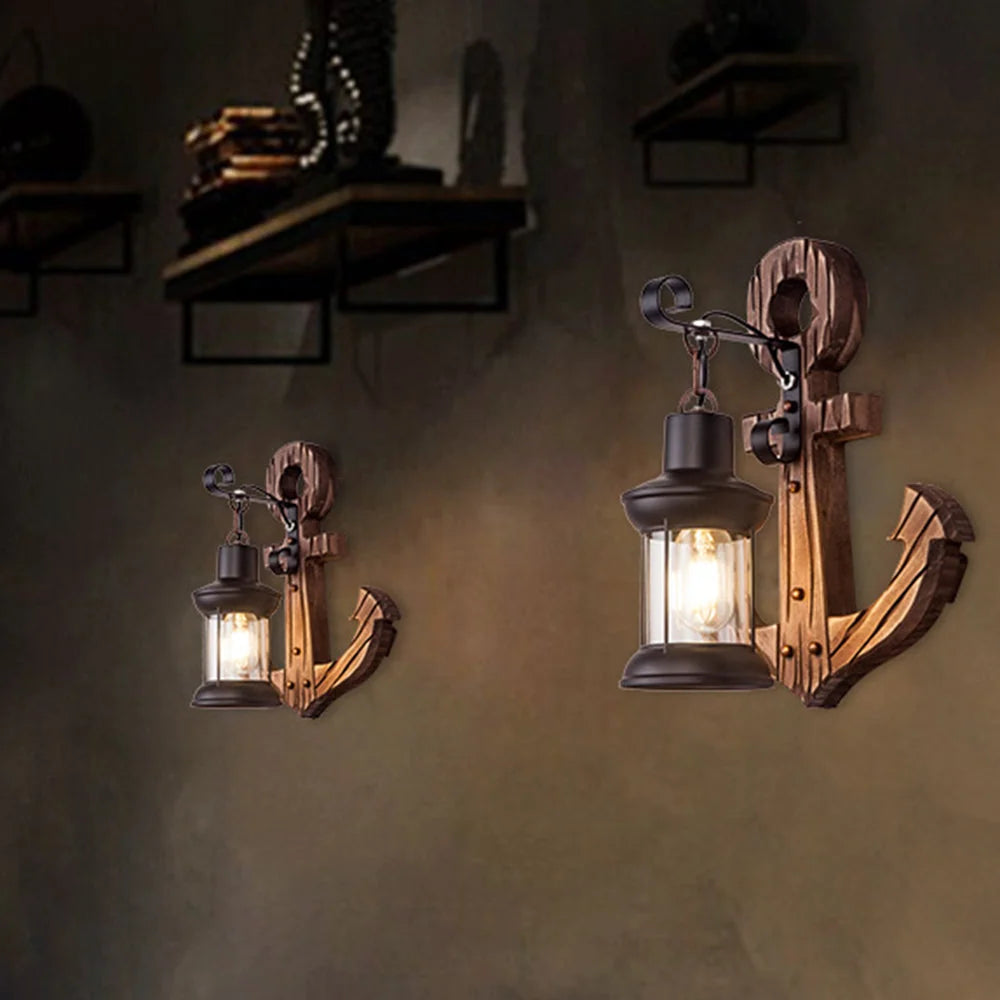 Wall Lamp | Vintage Nautical Pine Wood & Metal