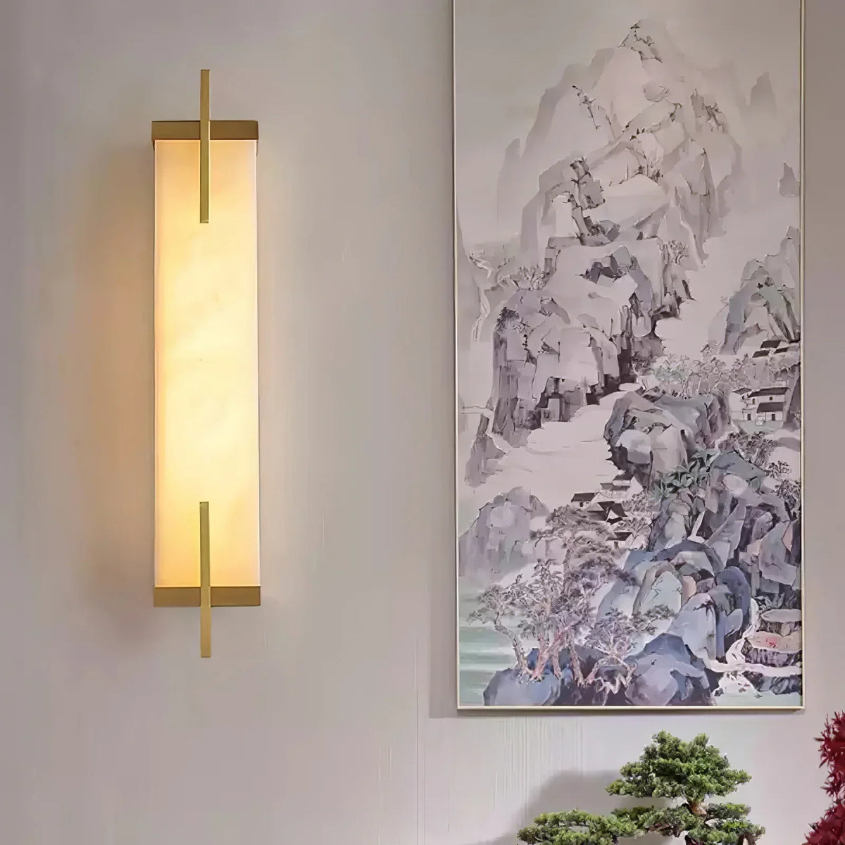Wall Light | Alabaster Shade & Black-Gold Frame | LED Bulb Included