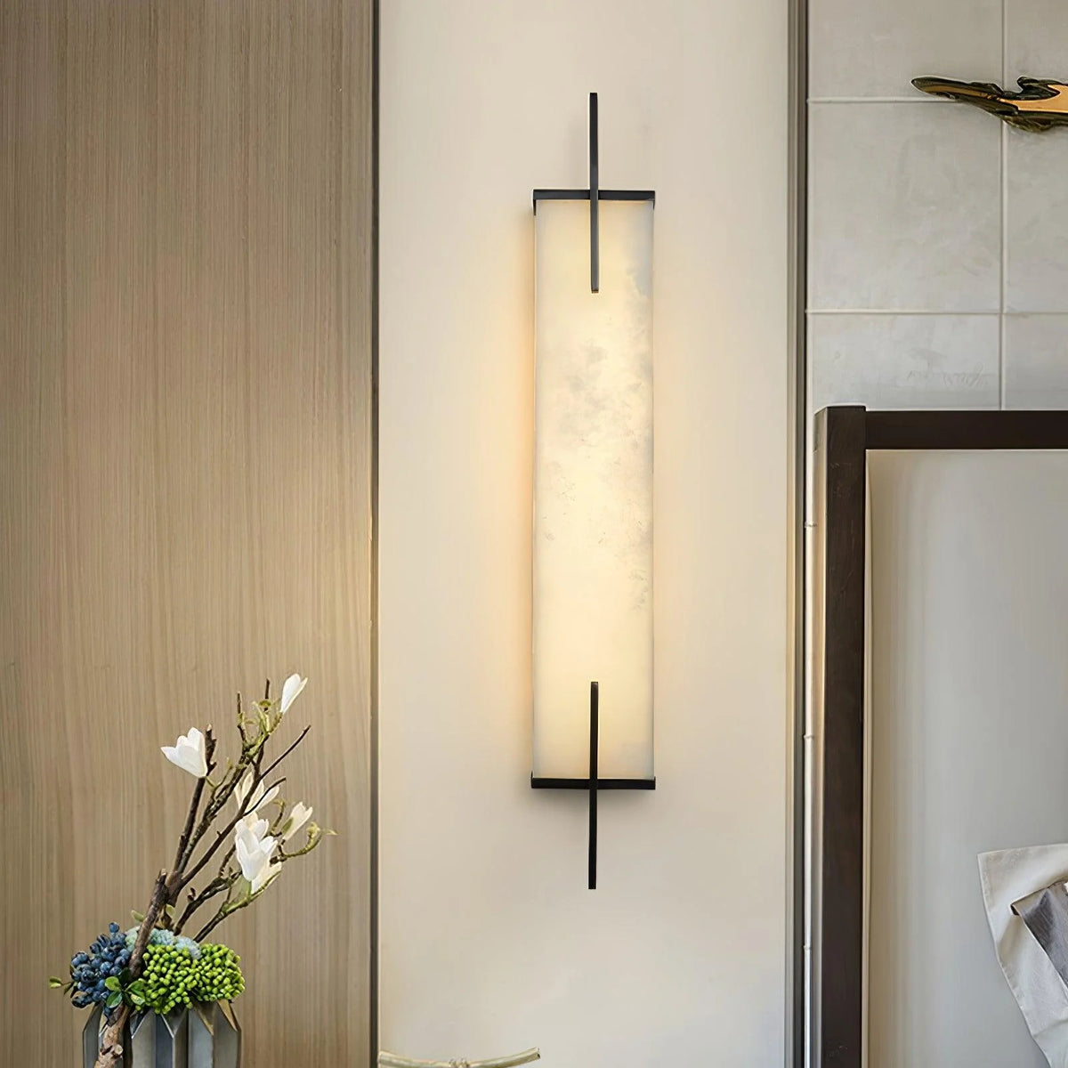 Wall Light | Alabaster Shade & Black-Gold Frame | LED Bulb Included