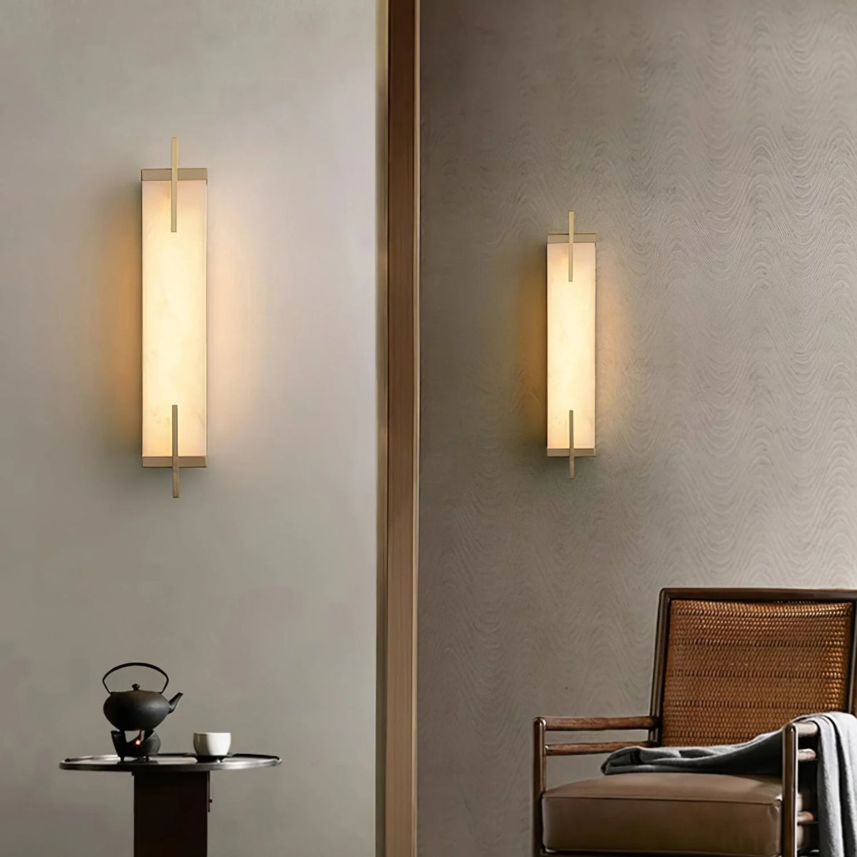 Wall Light | Alabaster Shade & Black-Gold Frame | LED Bulb Included