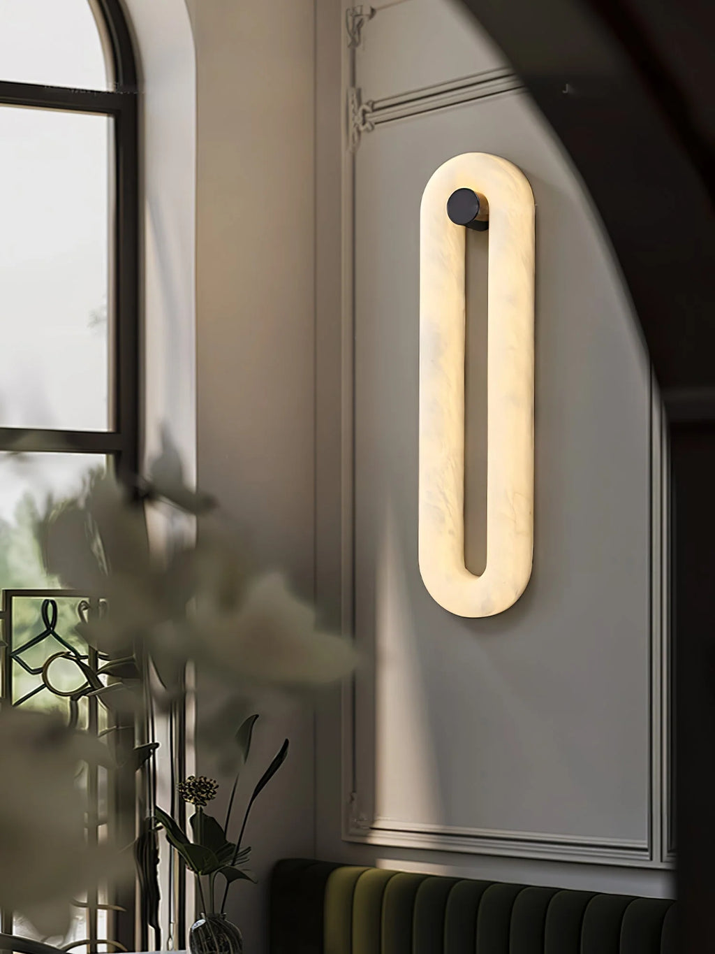 Wall Light | Alabaster Shade & Integrated LED | Black Metal