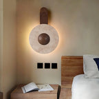 Wall Light | Travertine Shade & Solid Wood Base | 20 cm Diameter