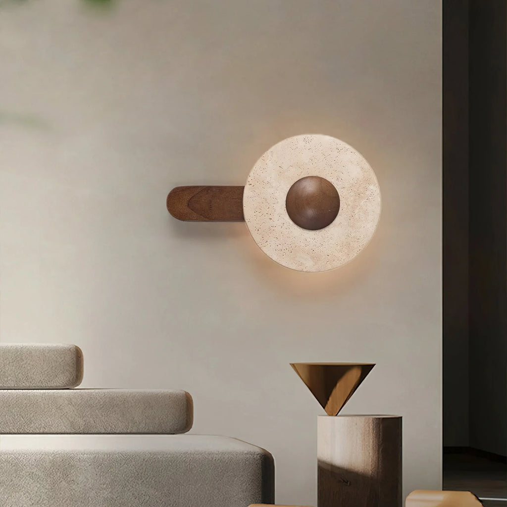 Wall Light | Travertine Shade & Solid Wood Base | 20 cm Diameter