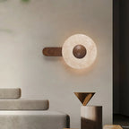 Wall Light | Travertine Shade & Solid Wood Base | 20 cm Diameter