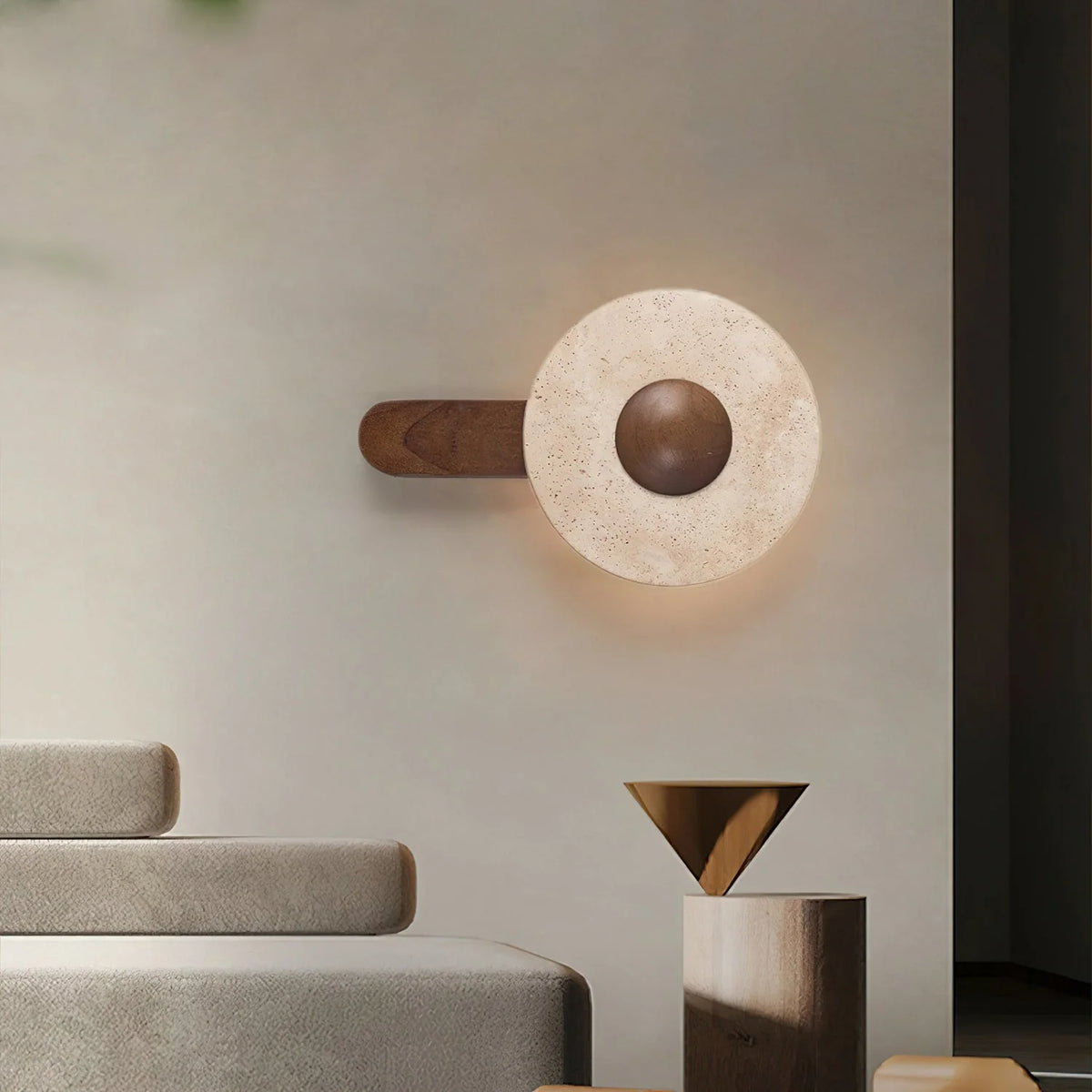 Wall Light | Travertine Shade & Solid Wood Base | 20 cm Diameter