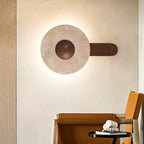 Wall Light | Travertine Shade & Solid Wood Base | 20 cm Diameter