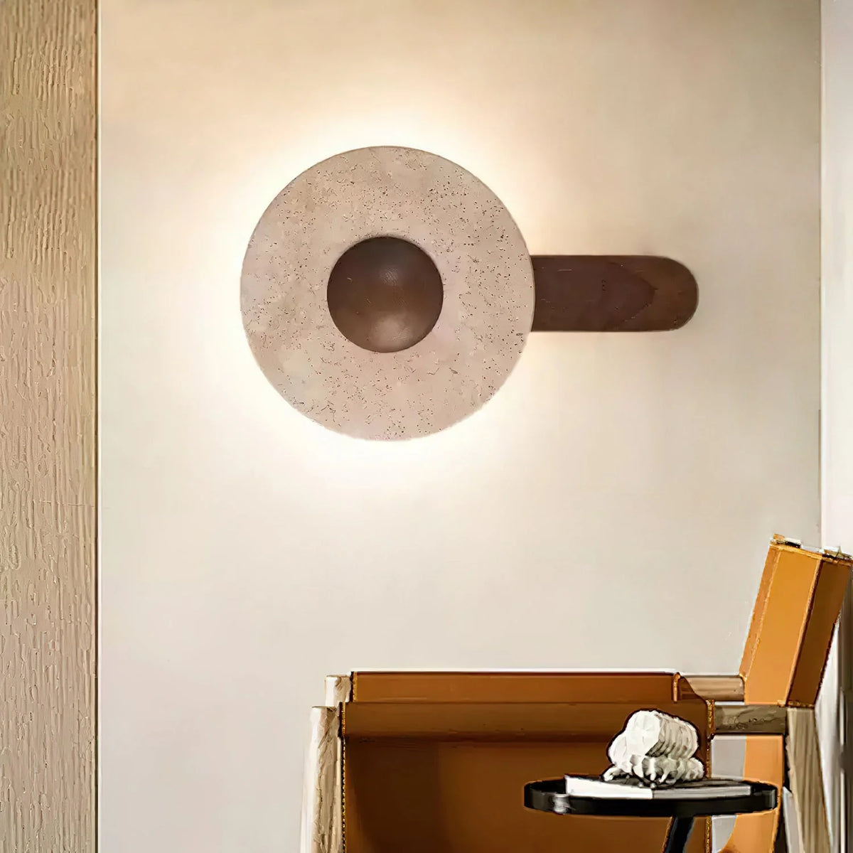 Wall Light | Travertine Shade & Solid Wood Base | 20 cm Diameter