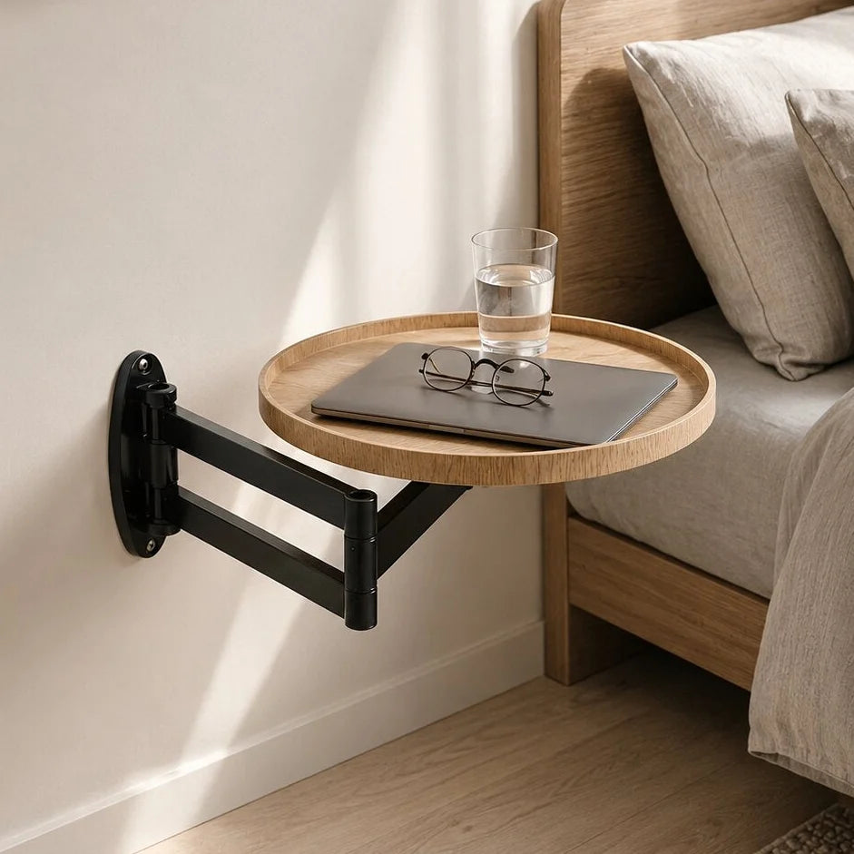 Wall-Mounted Bedside Table | Extendable & Swiveling Arm | Oak Top, 30 cm Diameter