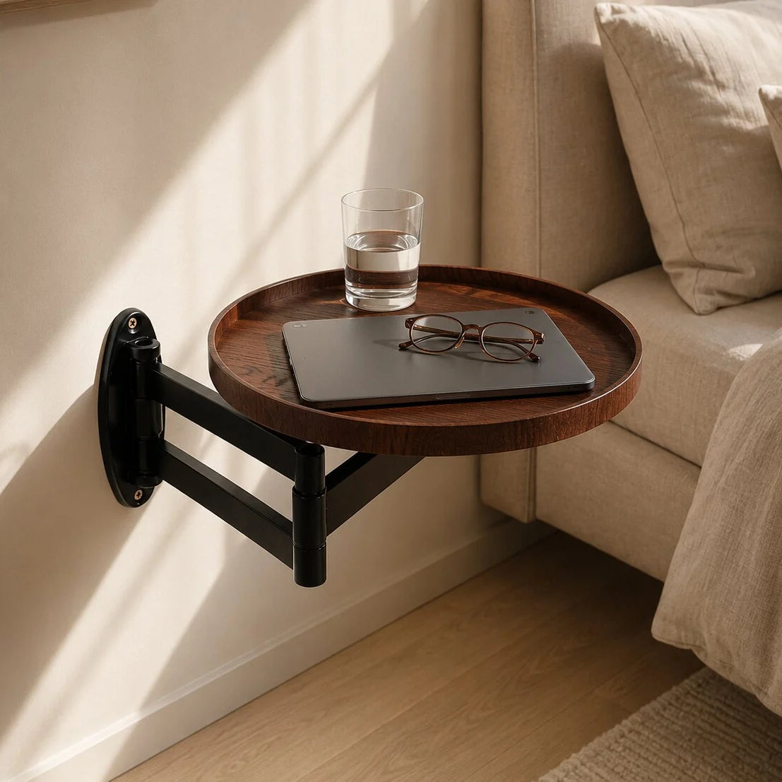 Wall-Mounted Bedside Table | Extendable & Swiveling Arm | Oak Top, 30 cm Diameter