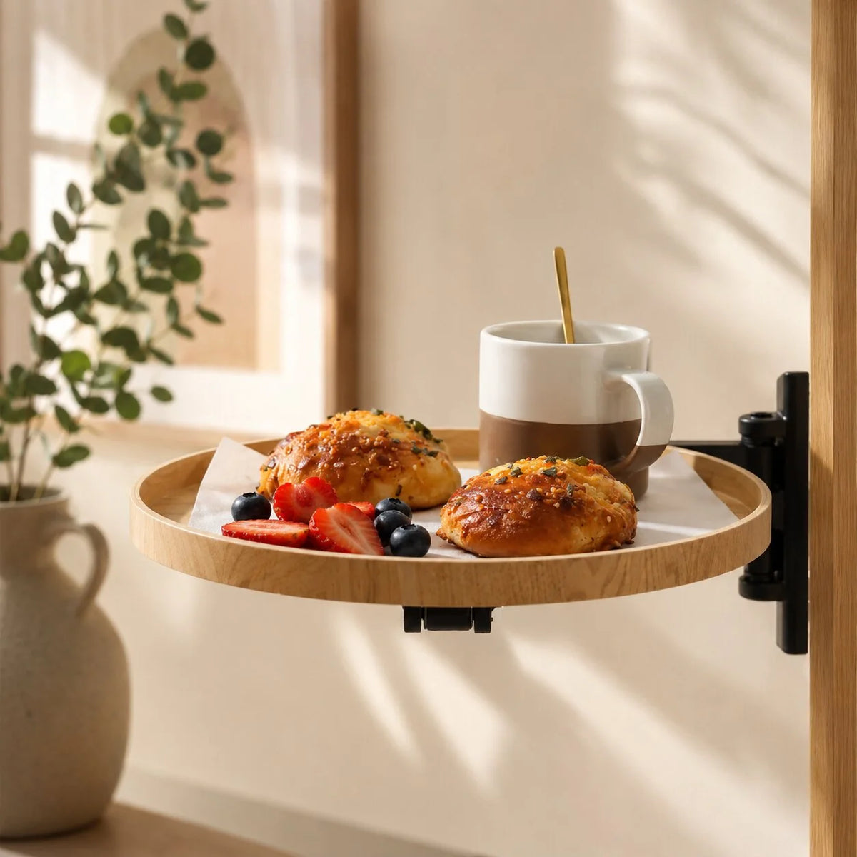 Wall-Mounted Bedside Table | Extendable & Swiveling Arm | Oak Top, 30 cm Diameter