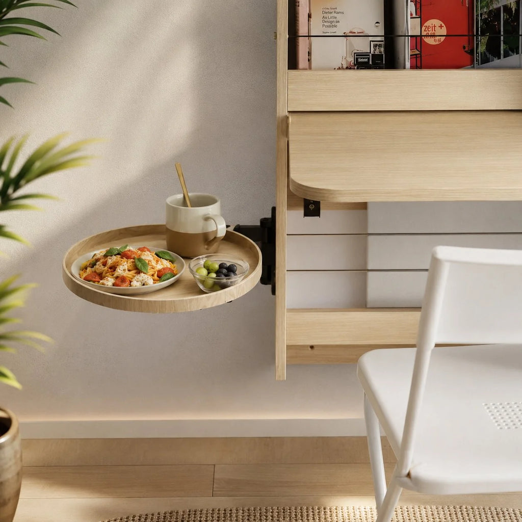 Wall-Mounted Bedside Table | Extendable & Swiveling Arm | Oak Top, 30 cm Diameter