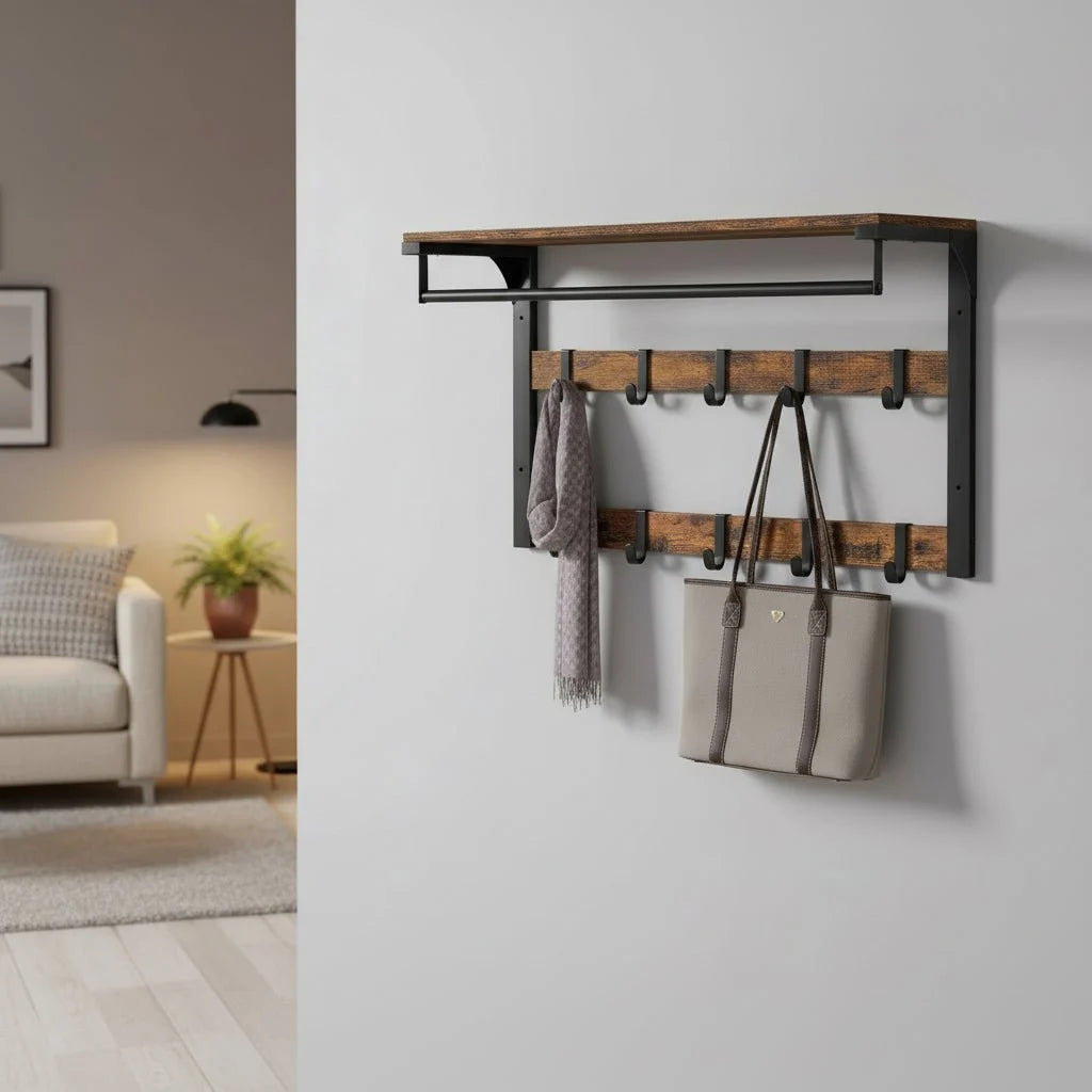 Wall-Mounted Coat Rack | 3-in-1 Oak Finish & Black Steel | Up To 45 kg