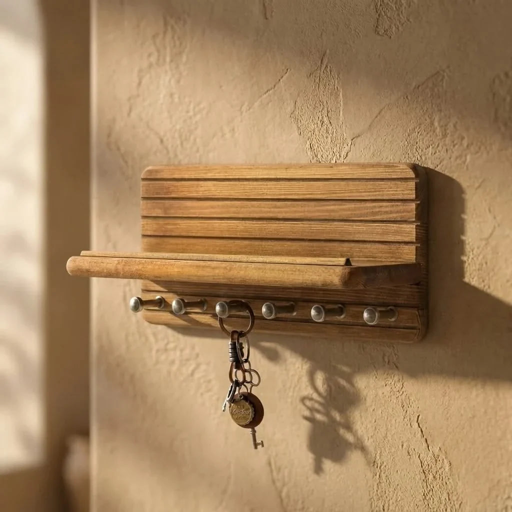 Wall-Mounted Key Rack | Solid Wood Shelf & 8 Hooks