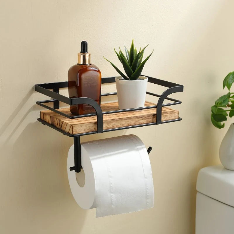 Wall-Mounted Storage Shelf | Integrated Paper Holder & Flat Surface | Brown Finish