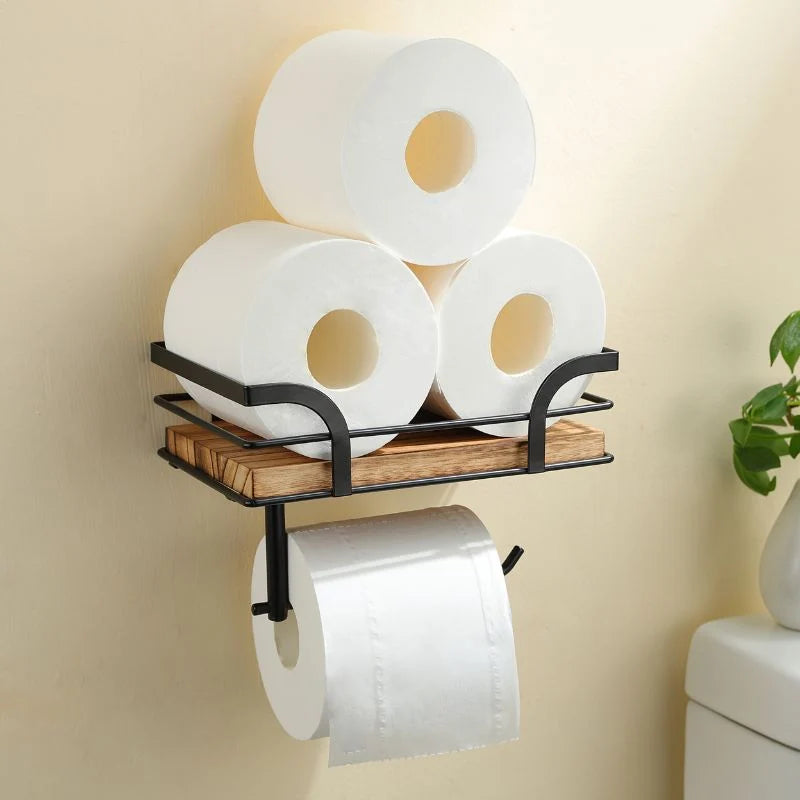 Wall-Mounted Storage Shelf | Integrated Paper Holder & Flat Surface | Brown Finish