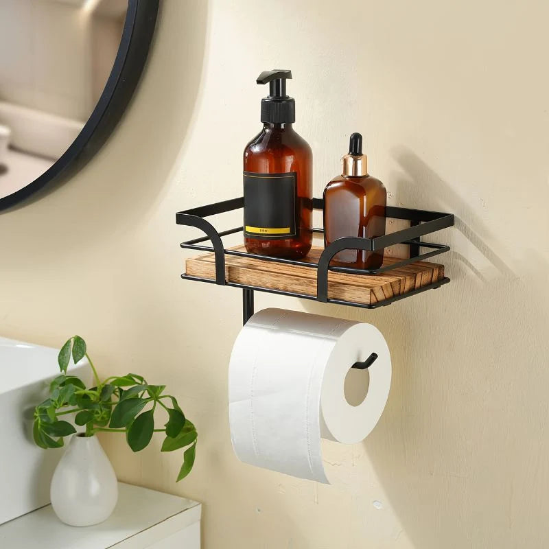 Wall-Mounted Storage Shelf | Integrated Paper Holder & Flat Surface | Brown Finish
