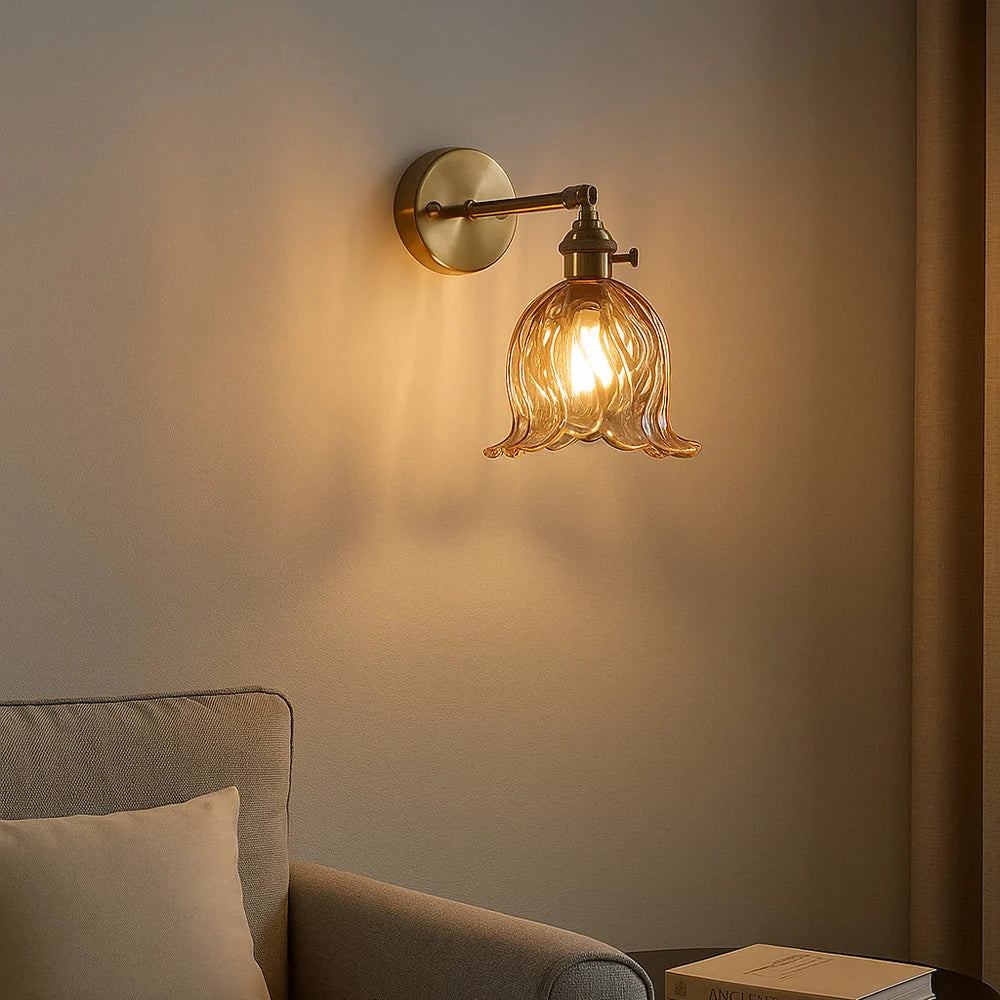 Wall Sconce | Amber Glass Flower Shade & Warm Light | Ø 16 cm