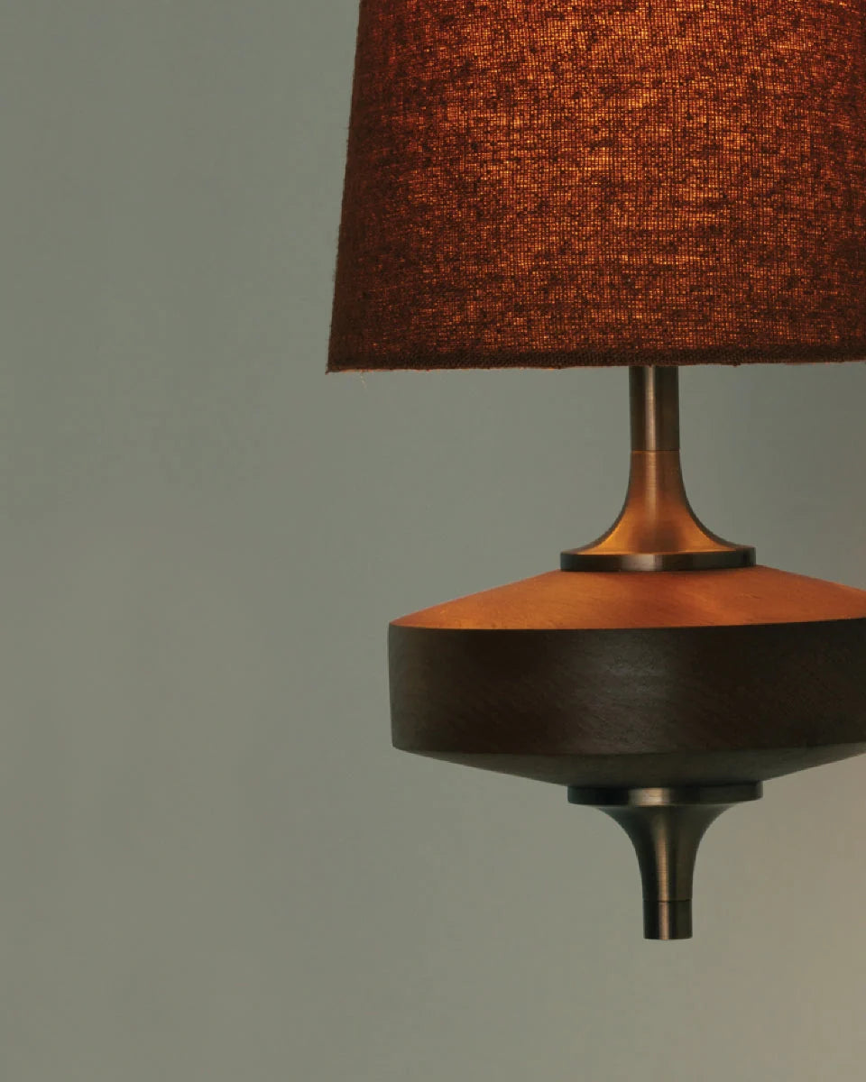 Wall Sconce | Antique Brass & Walnut Wood | Fabric Shade