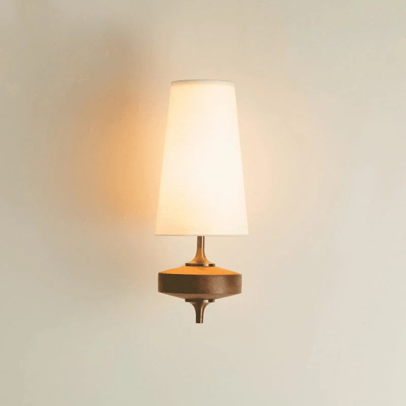 Wall Sconce | Antique Brass & Walnut Wood | Fabric Shade