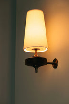 Wall Sconce | Antique Brass & Walnut Wood | Fabric Shade