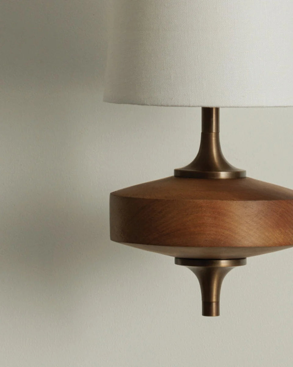 Wall Sconce | Antique Brass & Walnut Wood | Fabric Shade