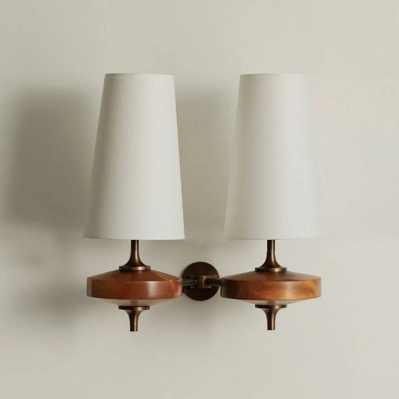 Wall Sconce | Antique Brass & Walnut Wood | Fabric Shade
