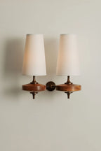 Wall Sconce | Antique Brass & Walnut Wood | Fabric Shade