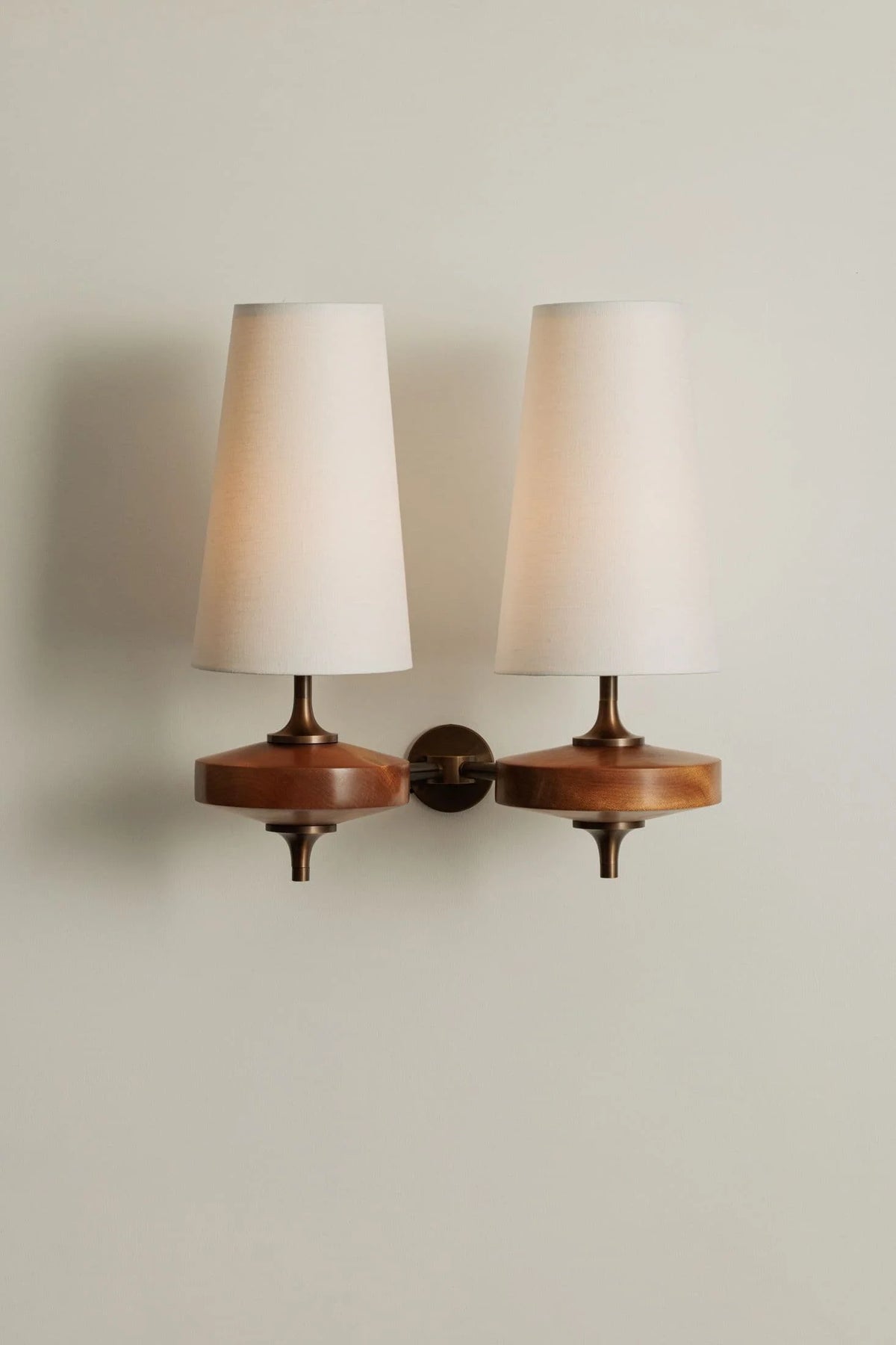 Wall Sconce | Antique Brass & Walnut Wood | Fabric Shade