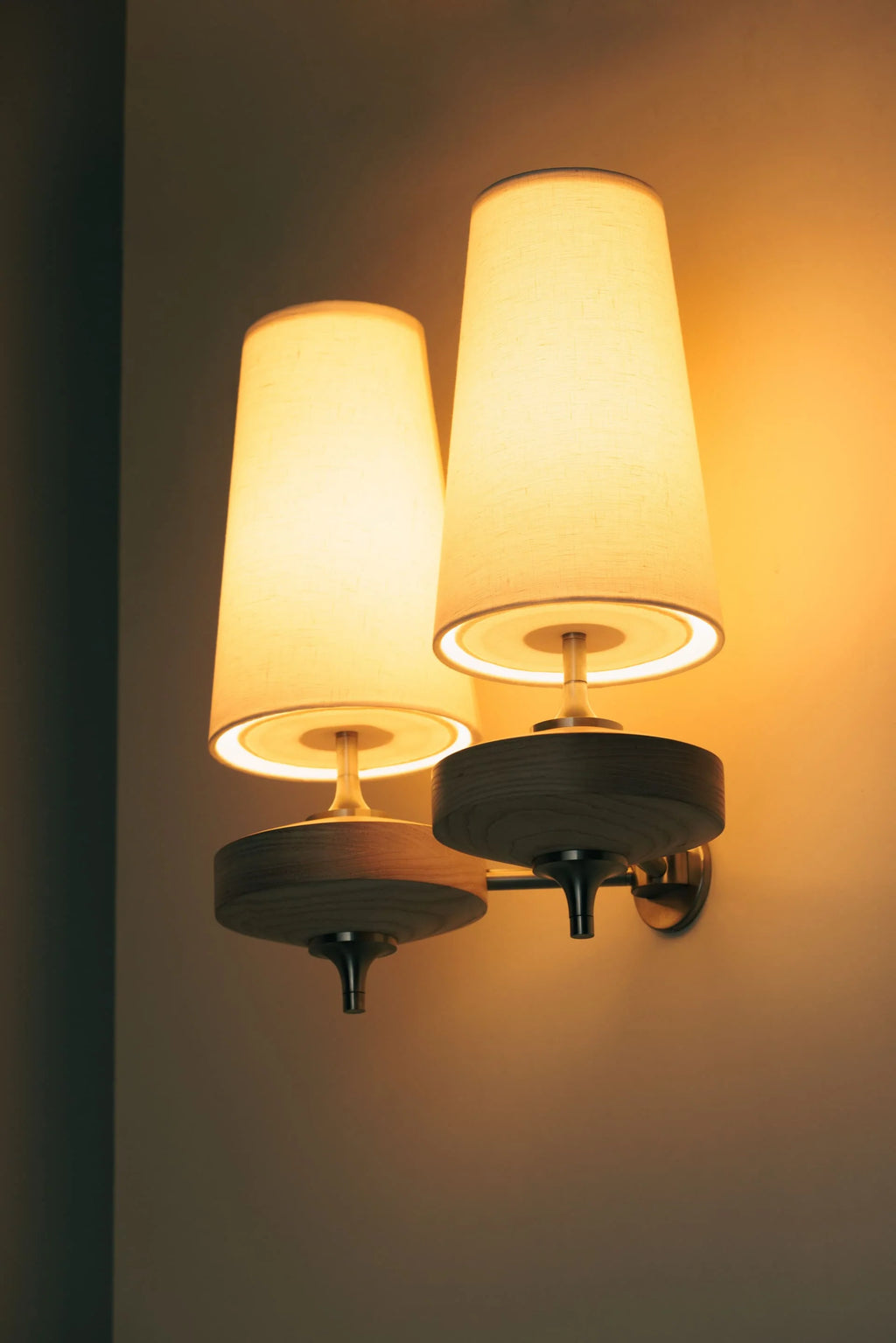 Wall Sconce | Antique Brass & Walnut Wood | Fabric Shade
