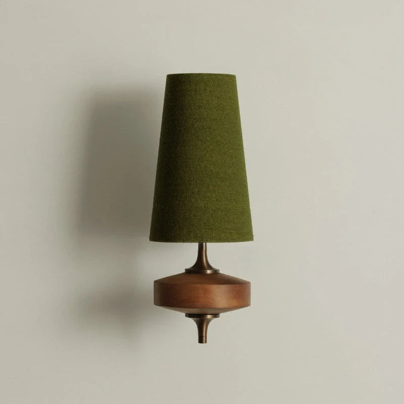 Wall Sconce | Antique Brass & Walnut Wood | Fabric Shade