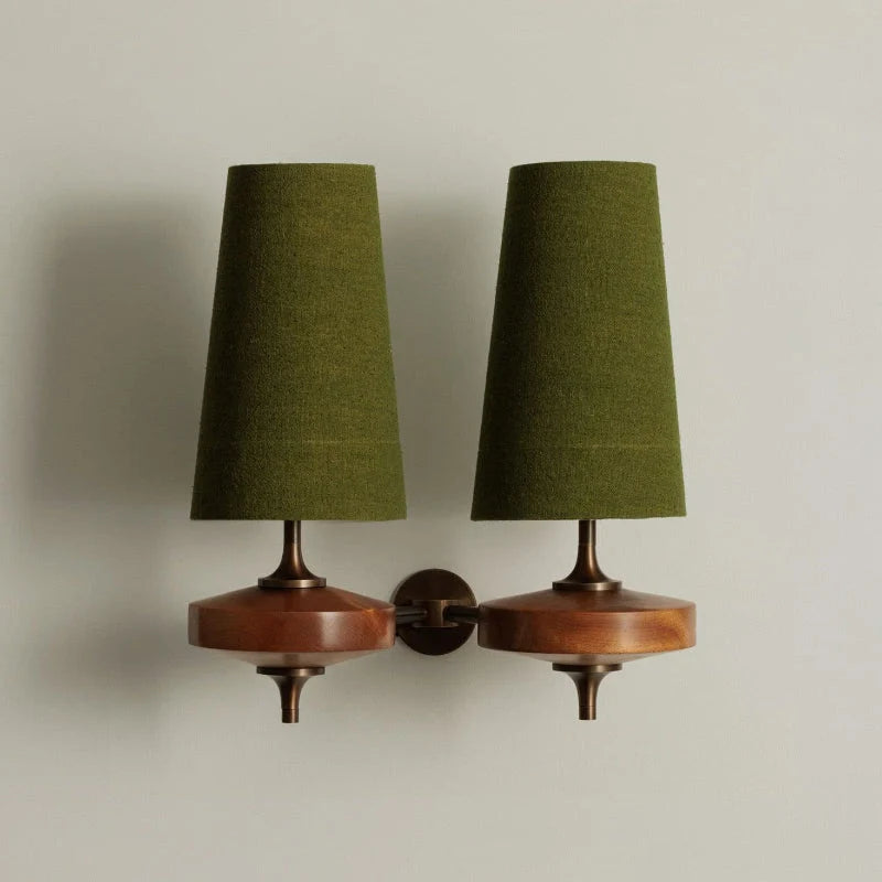 Wall Sconce | Antique Brass & Walnut Wood | Fabric Shade