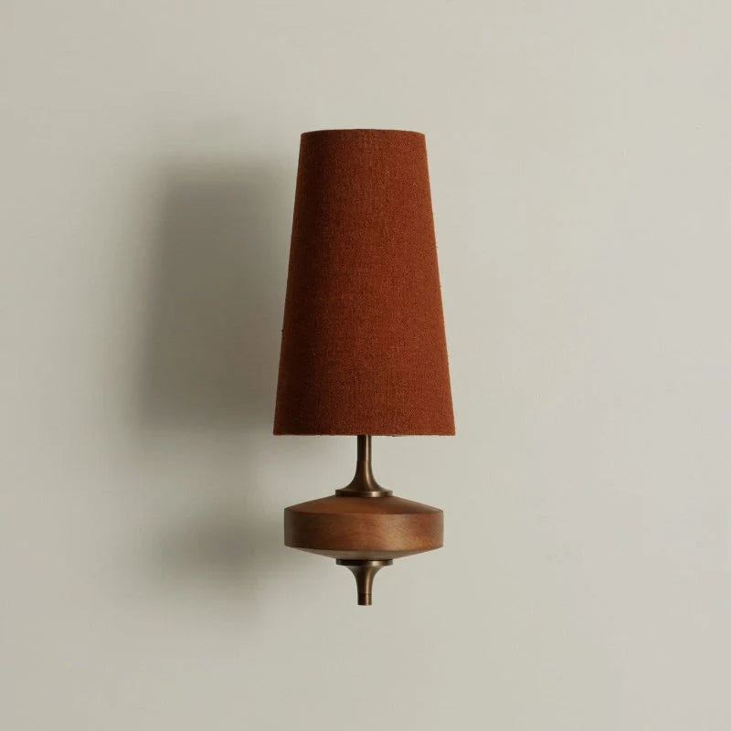 Wall Sconce | Antique Brass & Walnut Wood | Fabric Shade