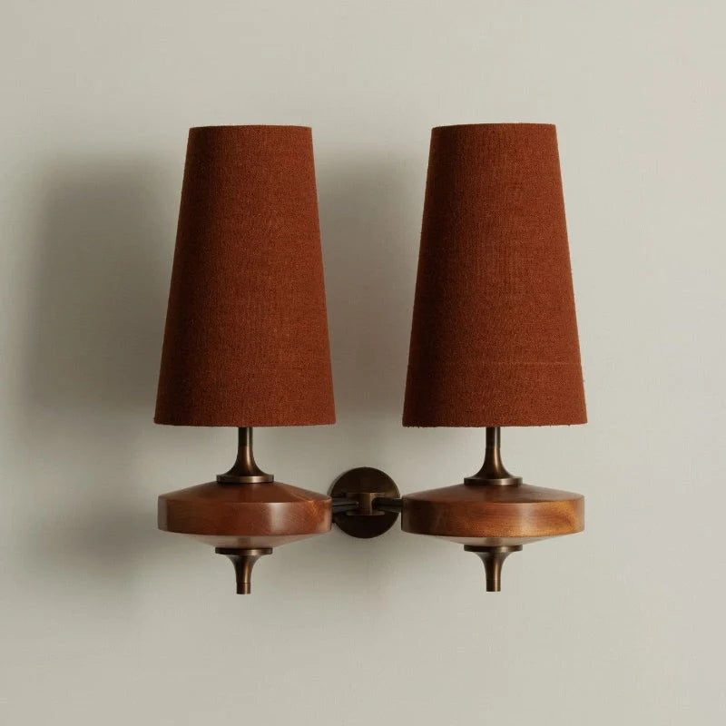 Wall Sconce | Antique Brass & Walnut Wood | Fabric Shade
