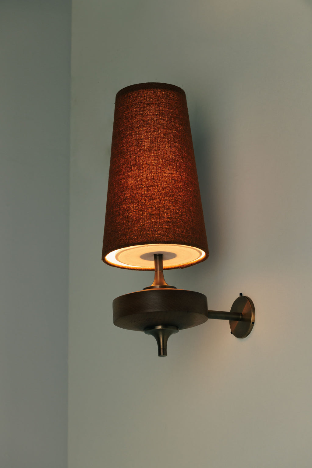 Wall Sconce | Antique Brass & Walnut Wood | Fabric Shade