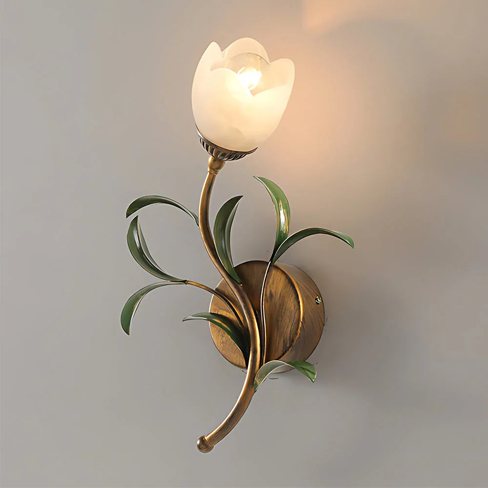 Wall Sconce | Cream Floral Glass & Antique Brass | Bulb Included