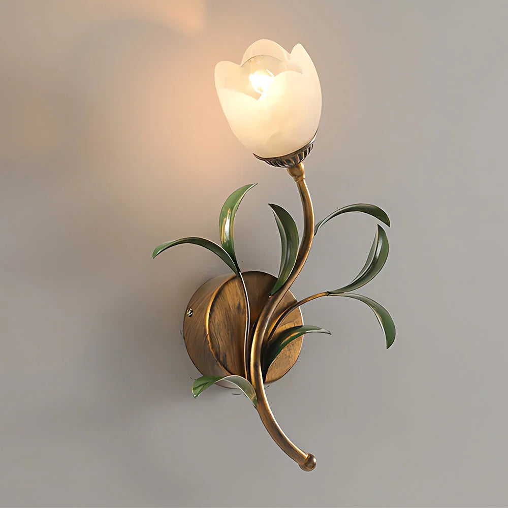 Wall Sconce | Cream Floral Glass & Antique Brass | Bulb Included